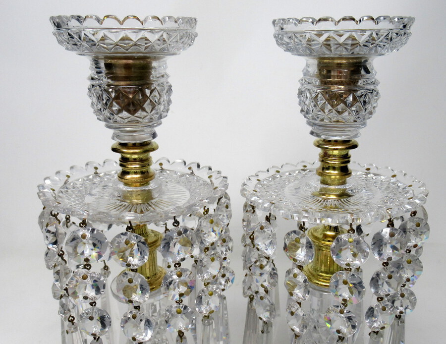 Antique Pair English Regency Ormolu Bronze Candlesticks Crystal Lustres atrb John Blades