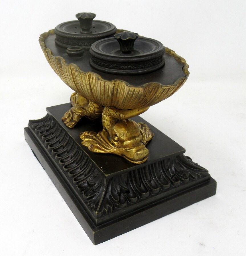 Antique Grand Tour Ormolu Gilt Bronze Dolphin Inkwell Regency Manner Thomas Messenger 