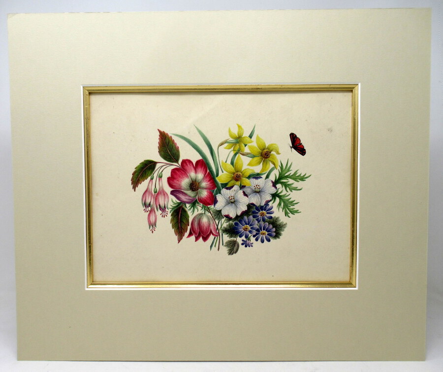 Antique Antique Vintage Pair of English Watercolor Paintings Still Life of Flowers Gilt