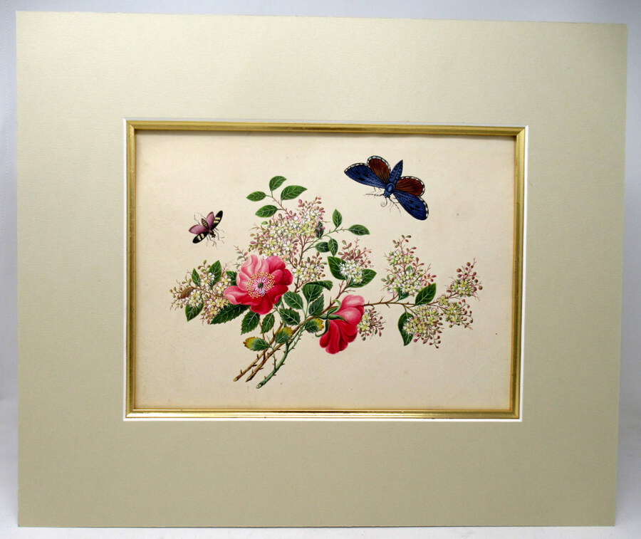 Antique Antique Vintage Pair of English Watercolor Paintings Still Life of Flowers Gilt