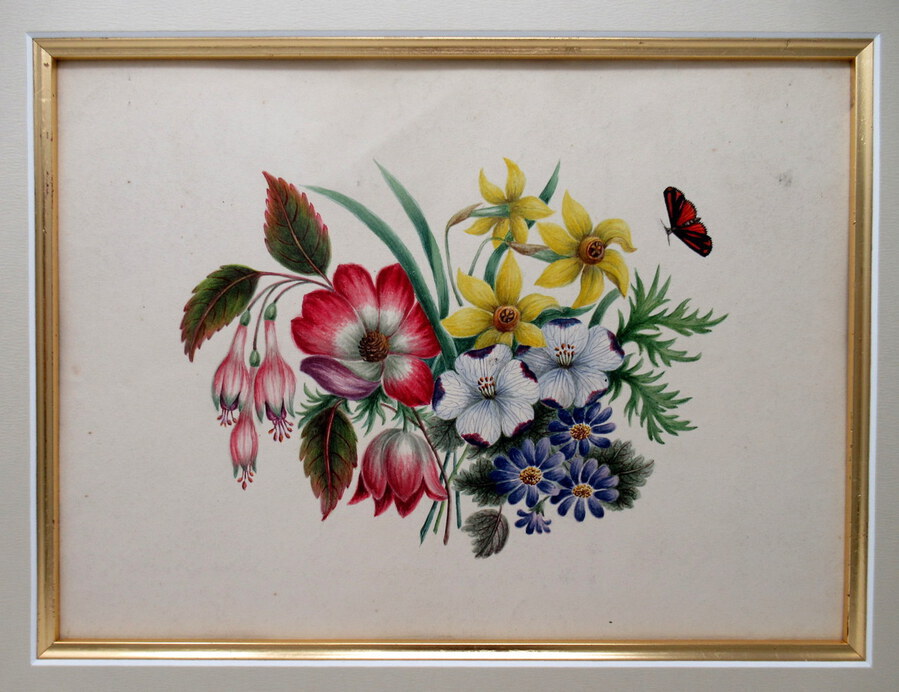 Antique Antique Vintage Pair of English Watercolor Paintings Still Life of Flowers Gilt