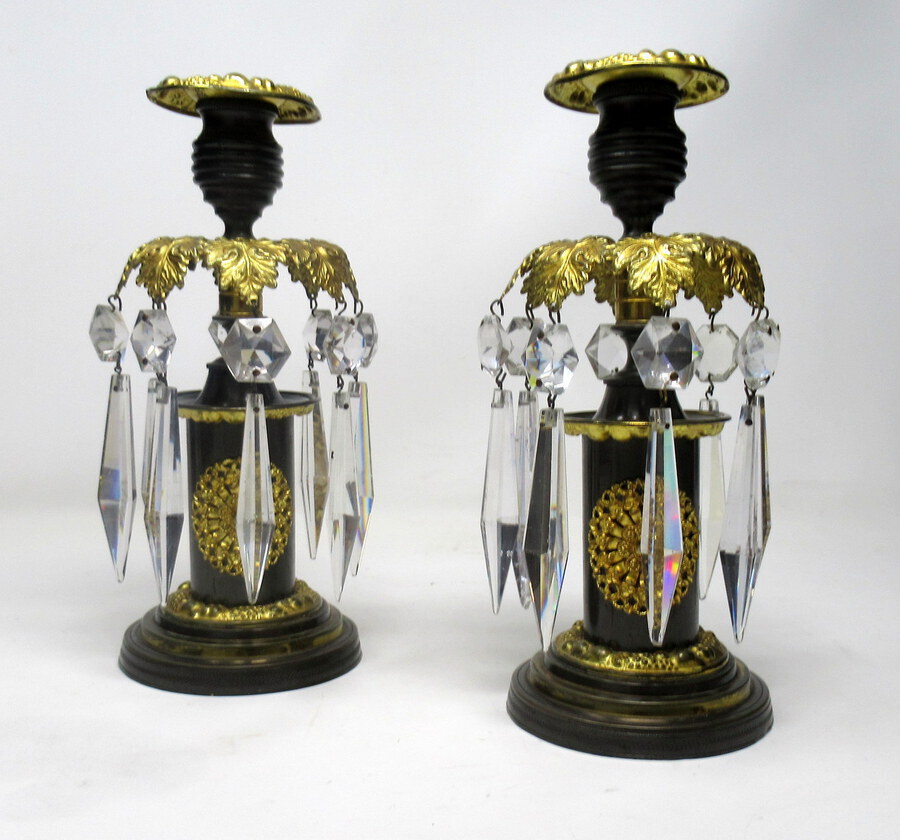 Antique Pair English Regency Ormolu Bronze Lusters Lustres Candlesticks 19th Century