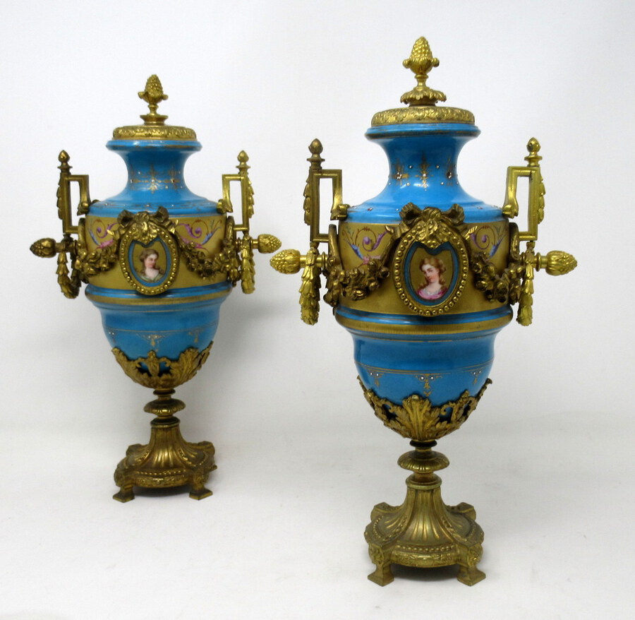 Antique Antique Pair Sèvres Porcelain Gilt Bronze Portrait Ormolu Celeste Blue Urns Vases 