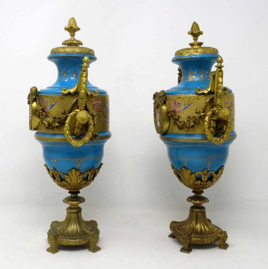 Antique Antique Pair Sèvres Porcelain Gilt Bronze Portrait Ormolu Celeste Blue Urns Vases 