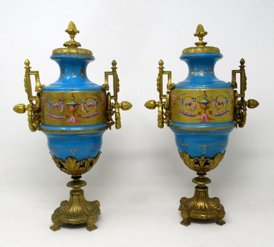 Antique Antique Pair Sèvres Porcelain Gilt Bronze Portrait Ormolu Celeste Blue Urns Vases 