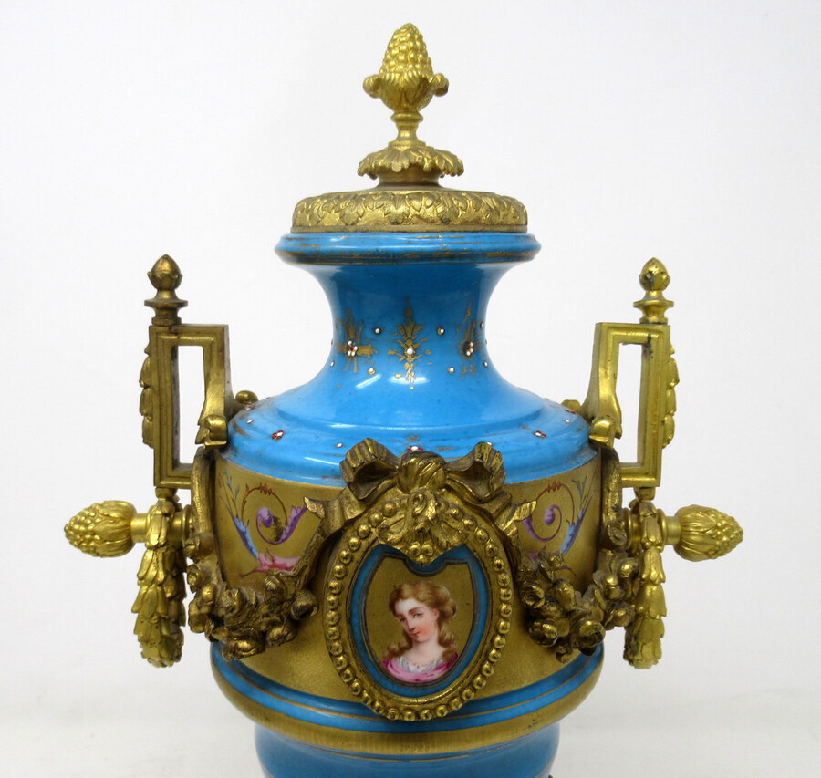 Antique Antique Pair Sèvres Porcelain Gilt Bronze Portrait Ormolu Celeste Blue Urns Vases 