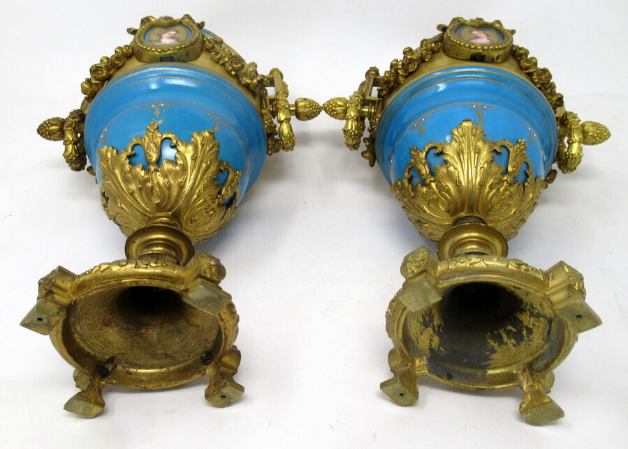 Antique Antique Pair Sèvres Porcelain Gilt Bronze Portrait Ormolu Celeste Blue Urns Vases 