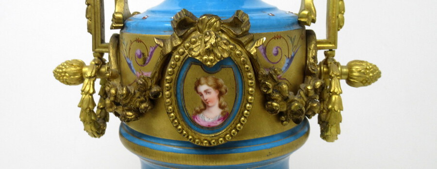 Antique Antique Pair Sèvres Porcelain Gilt Bronze Portrait Ormolu Celeste Blue Urns Vases 