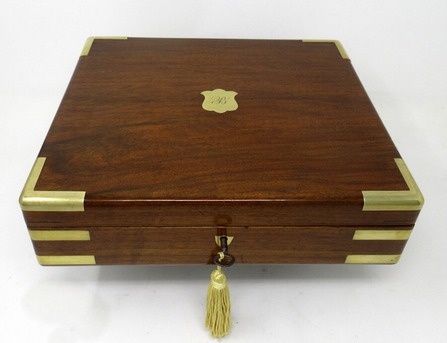 Antique Antique Vintage Solid Mahogany Wooden Jewelry Box Casket Brass Bound 19th Cent   