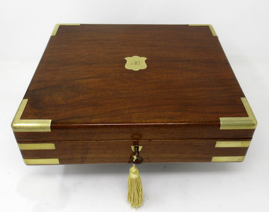 Antique Antique Vintage Solid Mahogany Wooden Jewelry Box Casket Brass Bound 19th Cent   