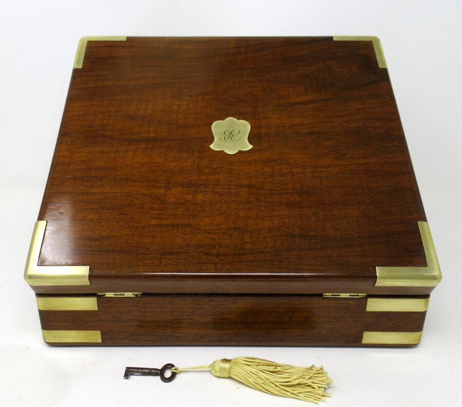 Antique Antique Vintage Solid Mahogany Wooden Jewelry Box Casket Brass Bound 19th Cent   