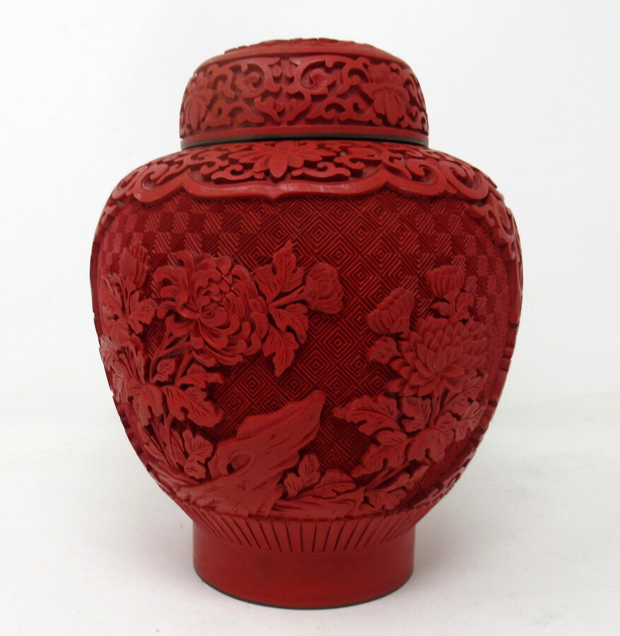 Antique Vintage Chinese Carved Cinnabar Bowl Ginger Jar Centerpiece Mid Century