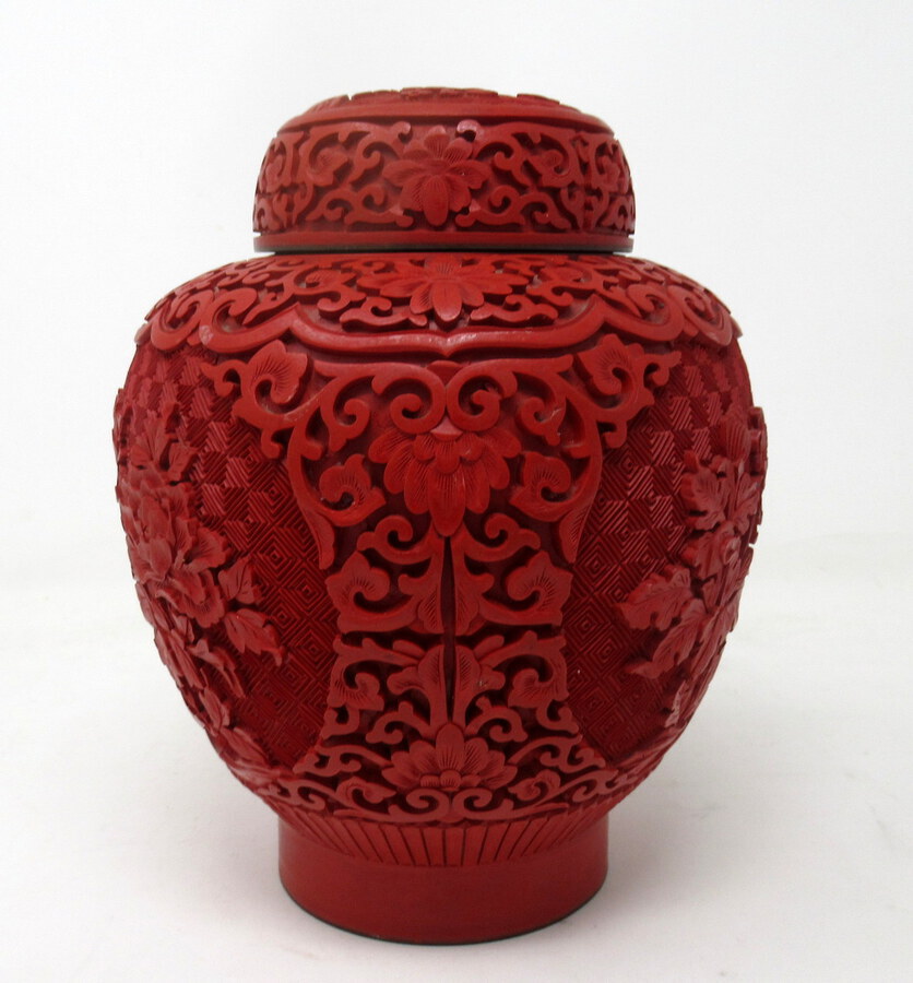 Antique Vintage Chinese Carved Cinnabar Bowl Ginger Jar Centerpiece Mid Century