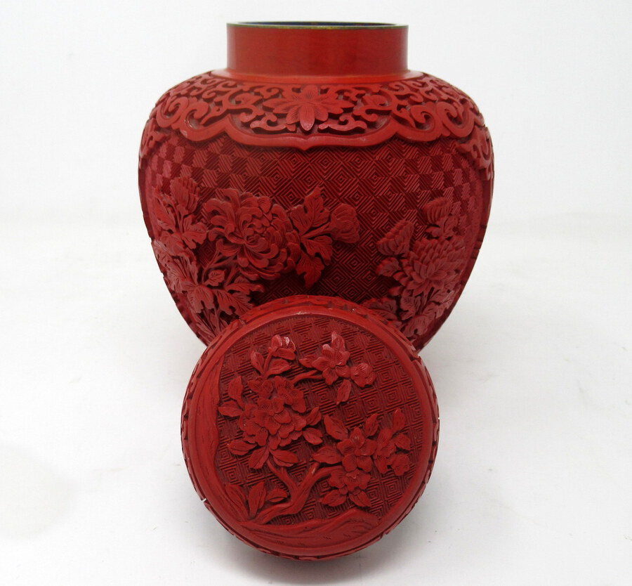 Antique Vintage Chinese Carved Cinnabar Bowl Ginger Jar Centerpiece Mid Century