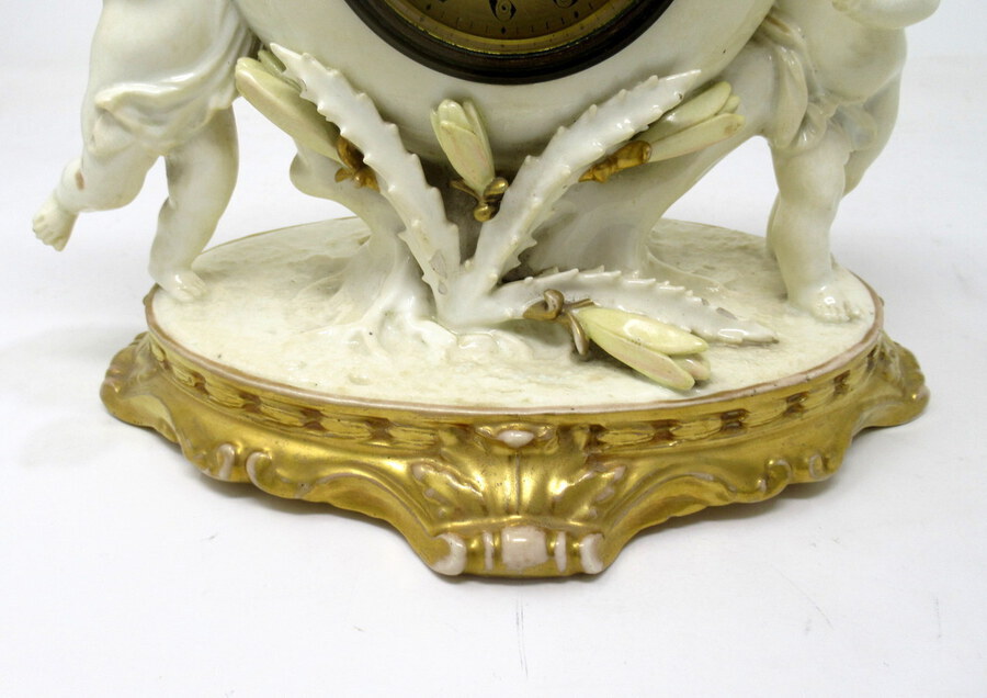 Antique English Moore Brothers Porcelain Cream Gilt Cherub Cacti Mantle Clock Timepiece 