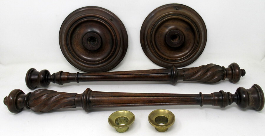 Antique Antique Pair Solid Mahogany Walnut Carved Treen Desk Candlesticks Candelabra 19th Century