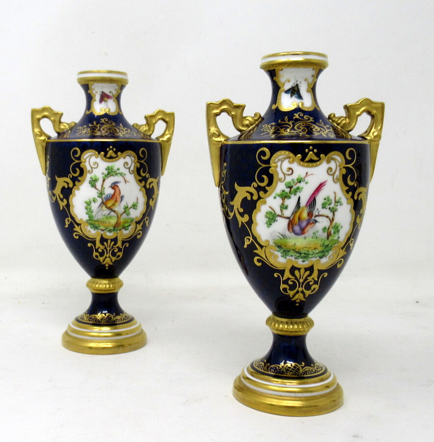 Antique Garniture Coalport Porcelain Vases Urns Hand Painted Still Life Flowers Birds