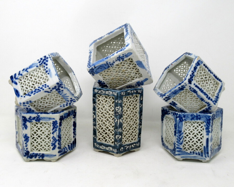 Antique Hand Painted Blue White Japanese Chinese Reticulated Hexagonal Porcelain Vases