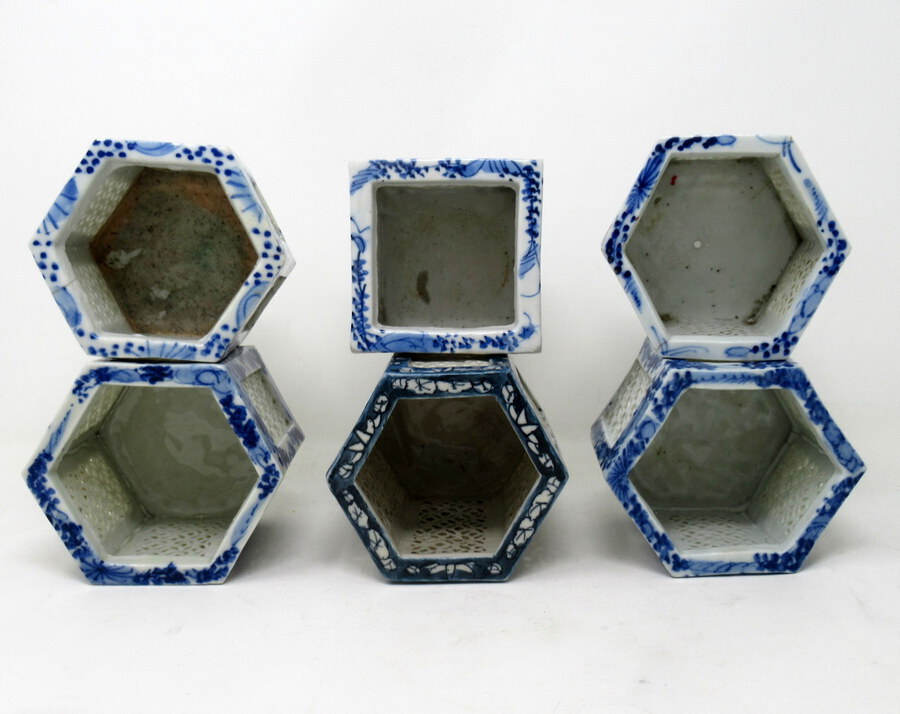 Antique Hand Painted Blue White Japanese Chinese Reticulated Hexagonal Porcelain Vases