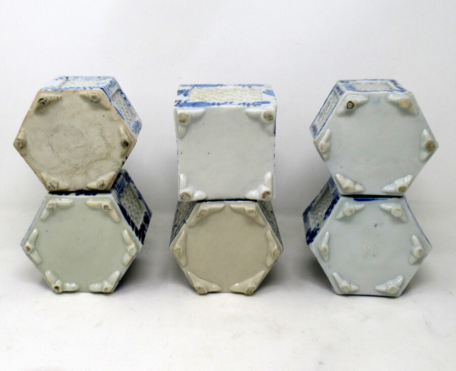 Antique Hand Painted Blue White Japanese Chinese Reticulated Hexagonal Porcelain Vases