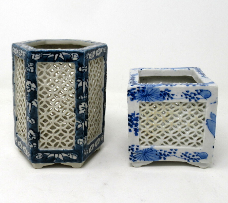 Antique Hand Painted Blue White Japanese Chinese Reticulated Hexagonal Porcelain Vases