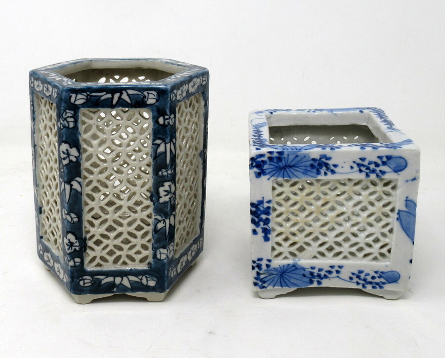 Antique Hand Painted Blue White Japanese Chinese Reticulated Hexagonal Porcelain Vases