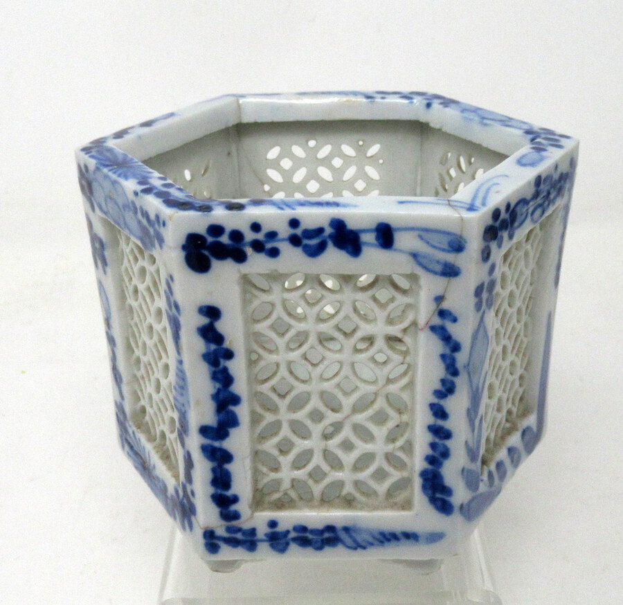 Antique Hand Painted Blue White Japanese Chinese Reticulated Hexagonal Porcelain Vases