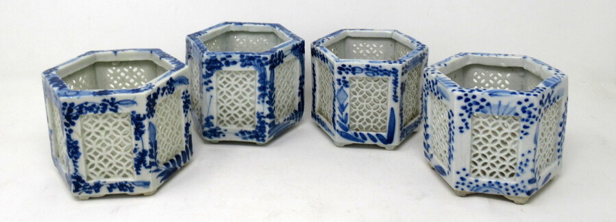 Antique Hand Painted Blue White Japanese Chinese Reticulated Hexagonal Porcelain Vases