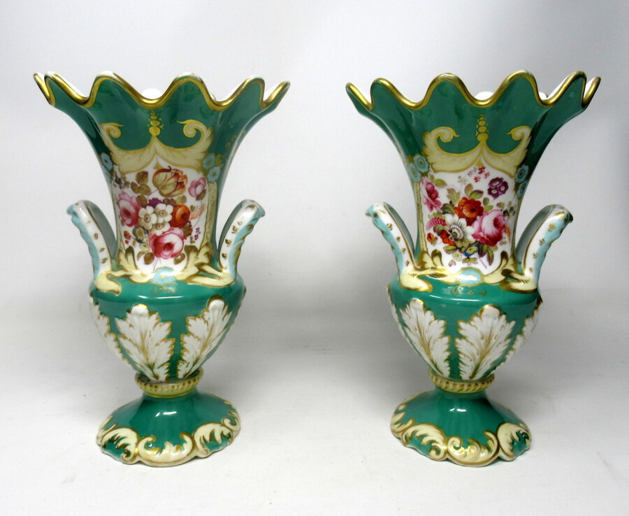 Antique Pair English Porcelain Samuel Alcock Green Vases Still Life Flowers 19th Century