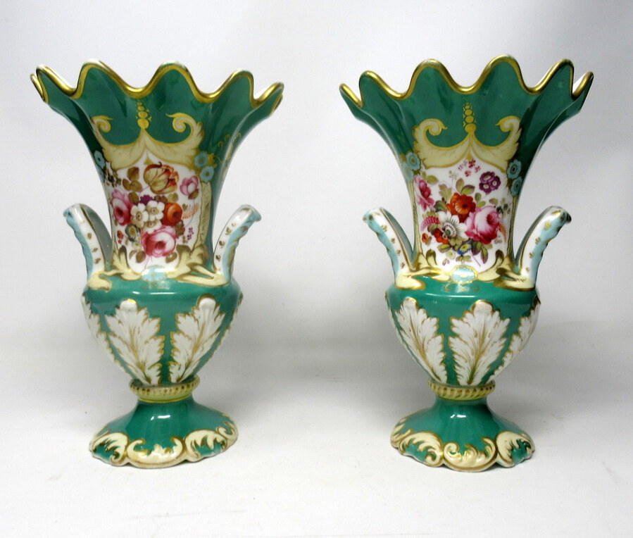 Antique Pair English Porcelain Samuel Alcock Green Vases Still Life Flowers 19th Century