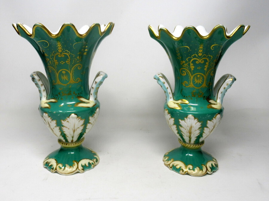 Antique Pair English Porcelain Samuel Alcock Green Vases Still Life Flowers 19th Century