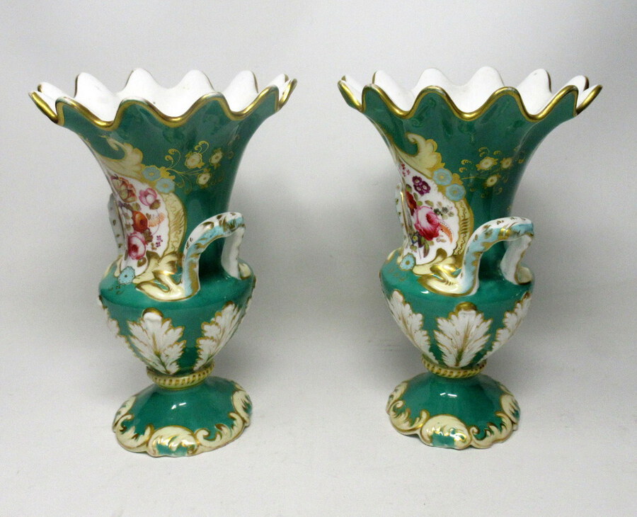 Antique Pair English Porcelain Samuel Alcock Green Vases Still Life Flowers 19th Century