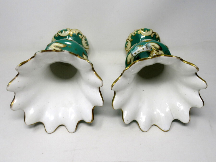 Antique Pair English Porcelain Samuel Alcock Green Vases Still Life Flowers 19th Century