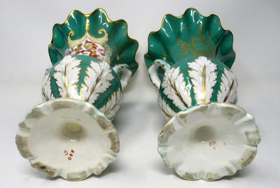 Antique Pair English Porcelain Samuel Alcock Green Vases Still Life Flowers 19th Century