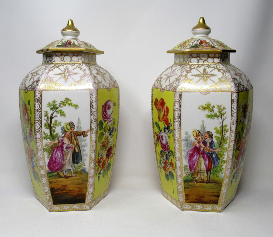 Antique  Pair German Helena Wolfson Dresden Hand Painted Vases Classical Floral Scenes 19th Century