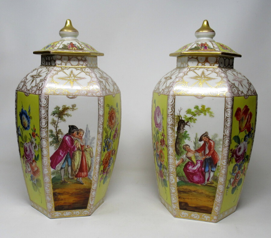 Antique  Pair German Helena Wolfson Dresden Hand Painted Vases Classical Floral Scenes 19th Century