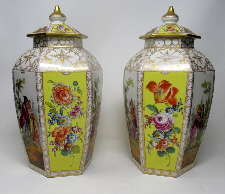 Antique  Pair German Helena Wolfson Dresden Hand Painted Vases Classical Floral Scenes 19th Century