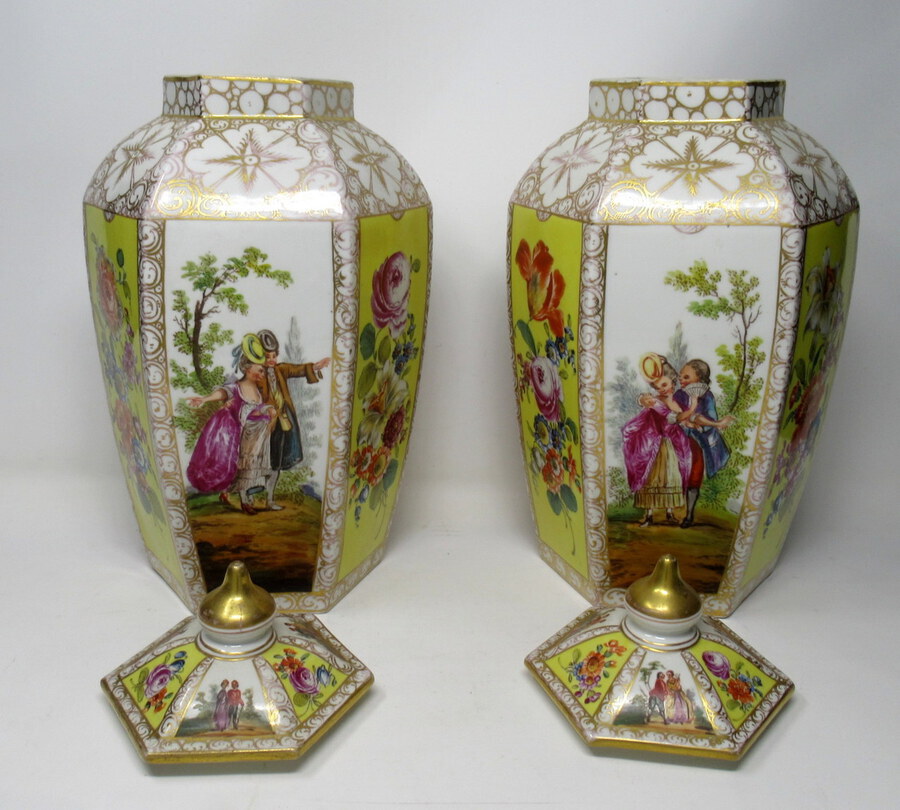 Antique  Pair German Helena Wolfson Dresden Hand Painted Vases Classical Floral Scenes 19th Century