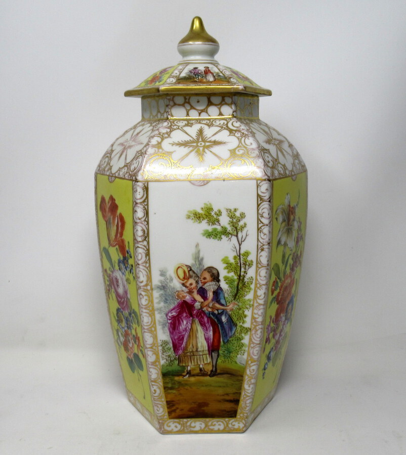 Antique  Pair German Helena Wolfson Dresden Hand Painted Vases Classical Floral Scenes 19th Century