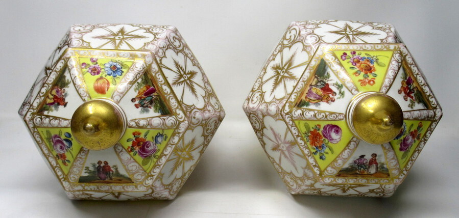 Antique  Pair German Helena Wolfson Dresden Hand Painted Vases Classical Floral Scenes 19th Century