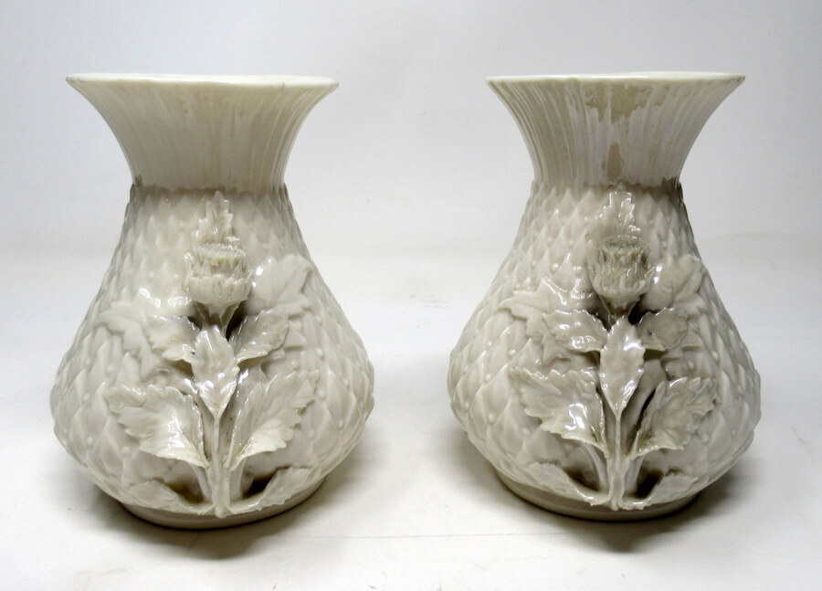 Antique Pair Irish Belleek Thistle Vases Third Black Mark 1926-1946