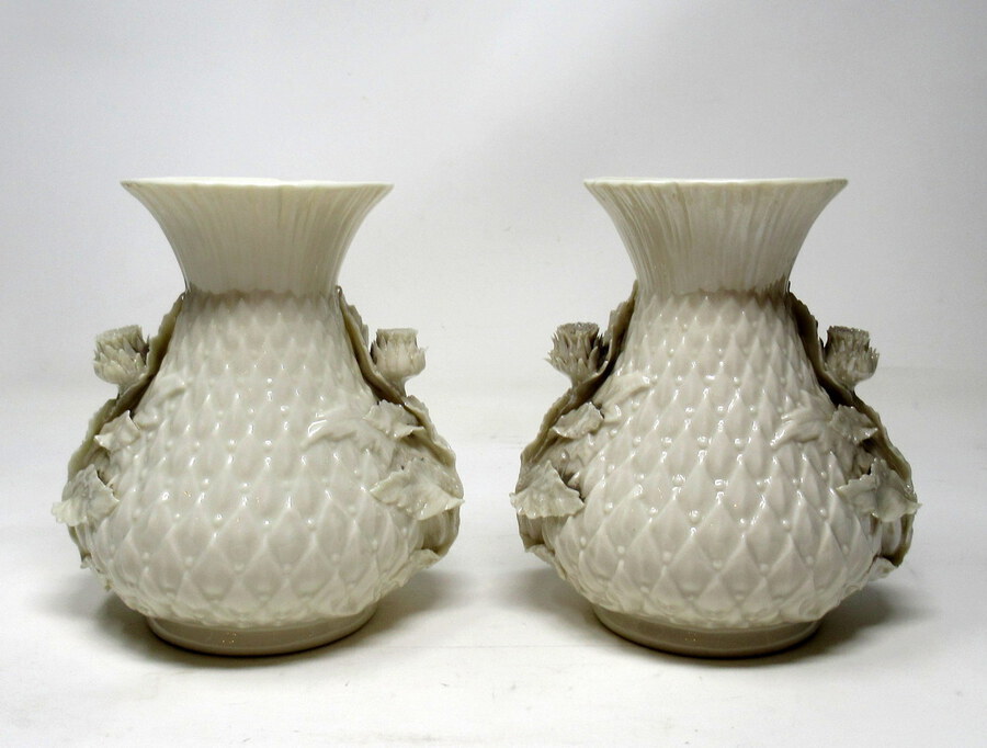 Antique Antique Pair Irish Belleek Thistle Vases Third Black Mark 1926-1946