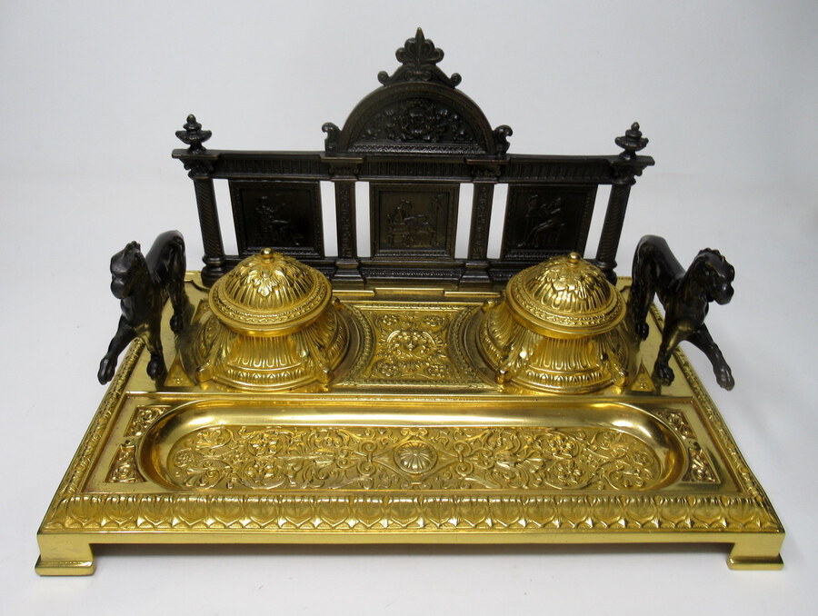 Antique Fine French Gilt Bronze Ormolu Large Double Inkstand Desk Set Lions 19thCt