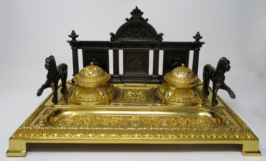 Antique Fine French Gilt Bronze Ormolu Large Double Inkstand Desk Set Lions 19thCt