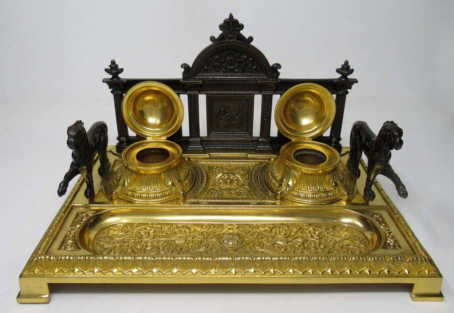 Antique Fine French Gilt Bronze Ormolu Large Double Inkstand Desk Set Lions 19thCt