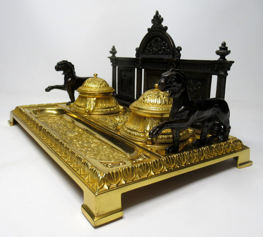 Antique Fine French Gilt Bronze Ormolu Large Double Inkstand Desk Set Lions 19thCt