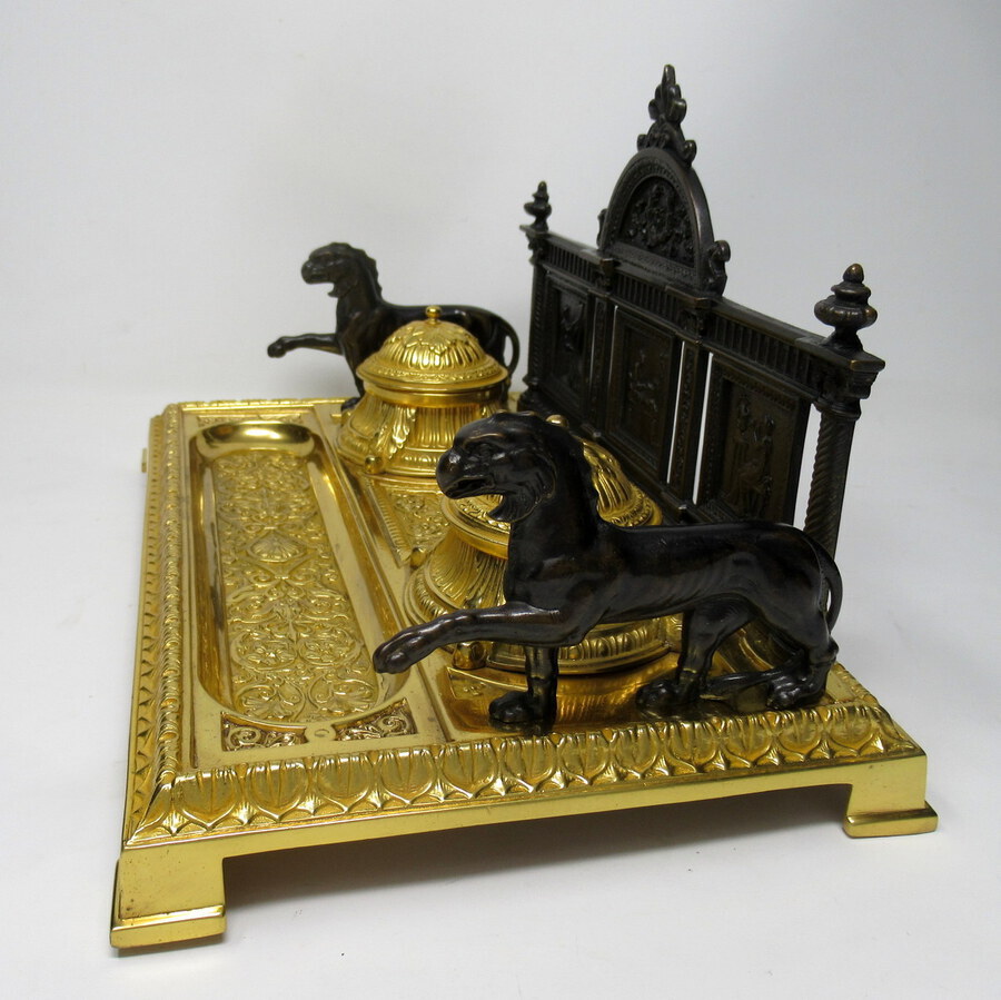 Antique Fine French Gilt Bronze Ormolu Large Double Inkstand Desk Set Lions 19thCt