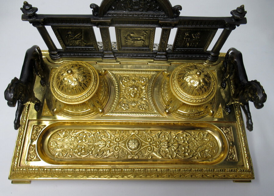 Antique Fine French Gilt Bronze Ormolu Large Double Inkstand Desk Set Lions 19thCt