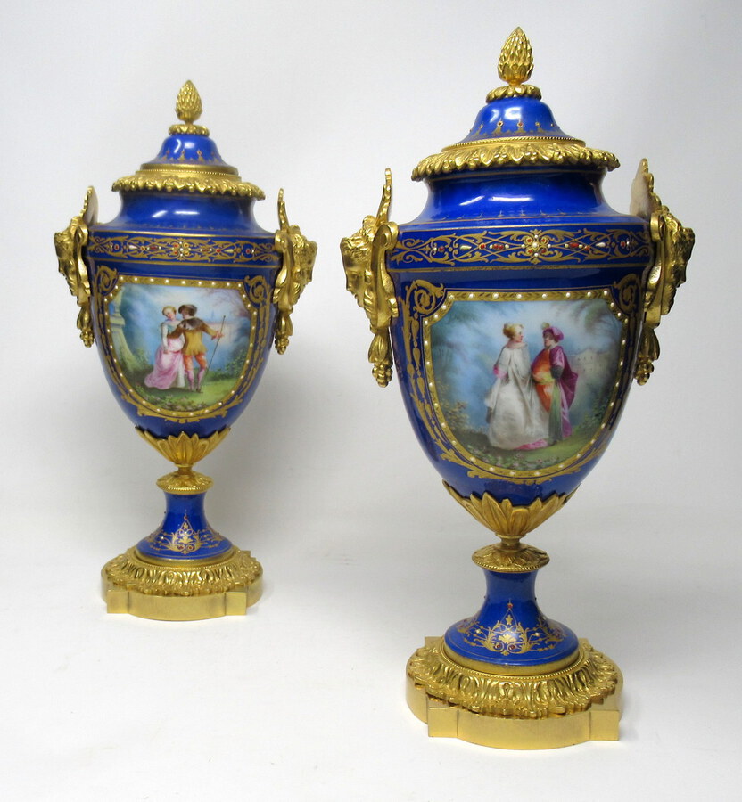 Antique Pair French Sevres Porcelain Ormolu Mounted Urns Exceptional Quality 19thCt