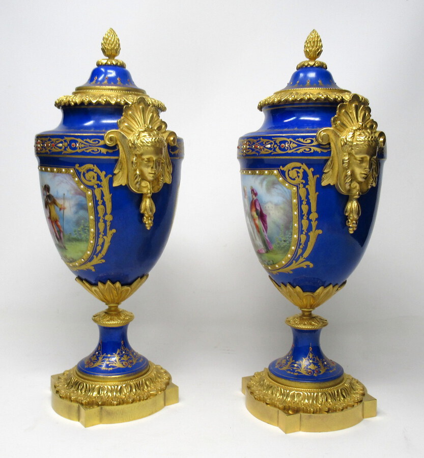 Antique Pair French Sevres Porcelain Ormolu Mounted Urns Exceptional Quality 19thCt